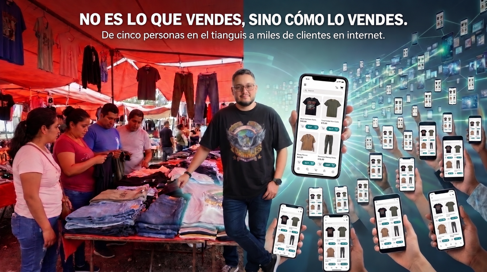 Flyer: No es lo que vendes, sino cómo lo vendes. De cinco personas en el tianguis a miles de clientes en internet.